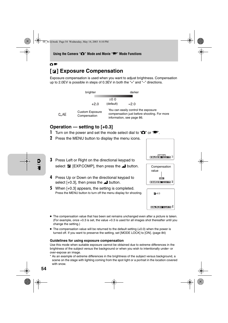 Exposure compensation, Operation — setting to [+0.3] 1 | Kyocera Finecam L4 User Manual | Page 54 / 106