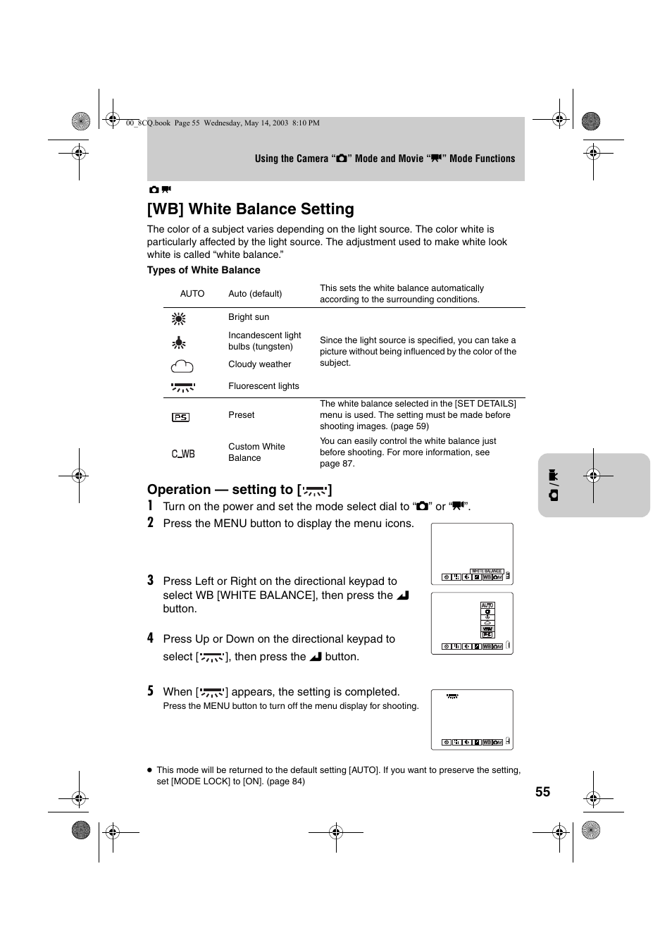 Wb] white balance setting, Operation — setting to [ ] 1 | Kyocera Finecam L4 User Manual | Page 55 / 106