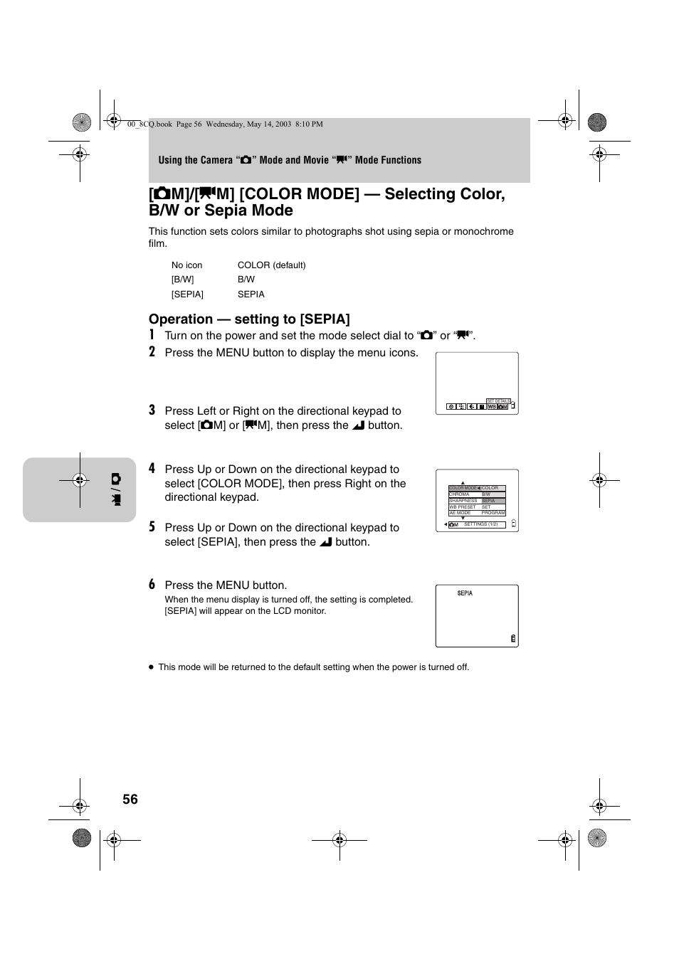 Operation — setting to [sepia] 1 | Kyocera Finecam L4 User Manual | Page 56 / 106