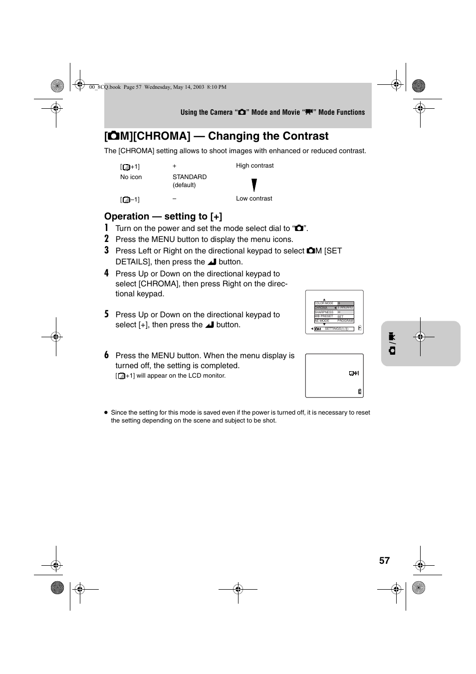 S m][chroma] — changing the contrast, Operation — setting to [+] 1 | Kyocera Finecam L4 User Manual | Page 57 / 106