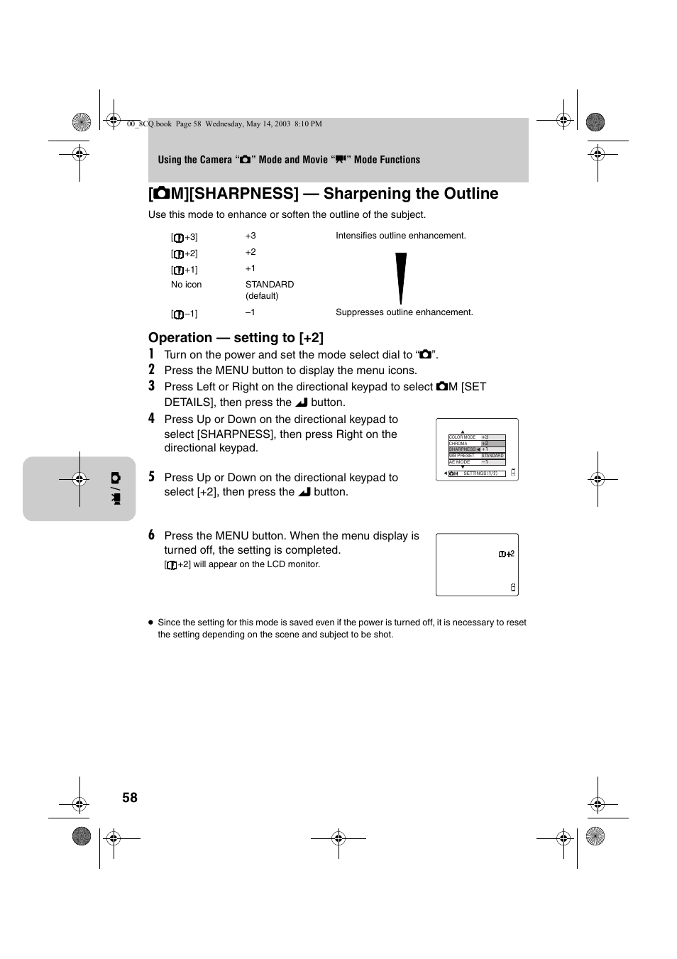 S m][sharpness] — sharpening the outline, Operation — setting to [+2] 1 | Kyocera Finecam L4 User Manual | Page 58 / 106