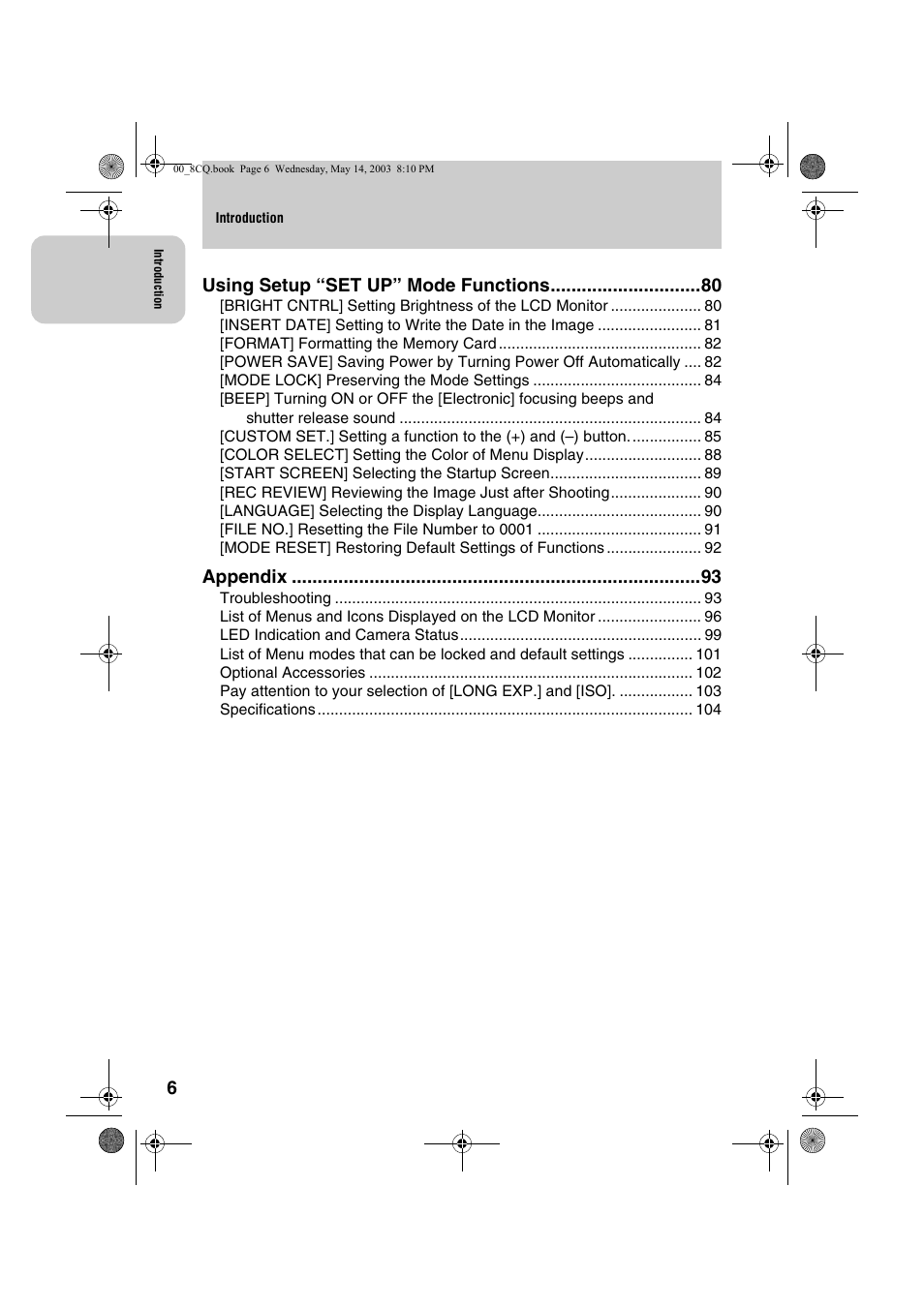 Using setup “set up” mode functions, Appendix | Kyocera Finecam L4 User Manual | Page 6 / 106