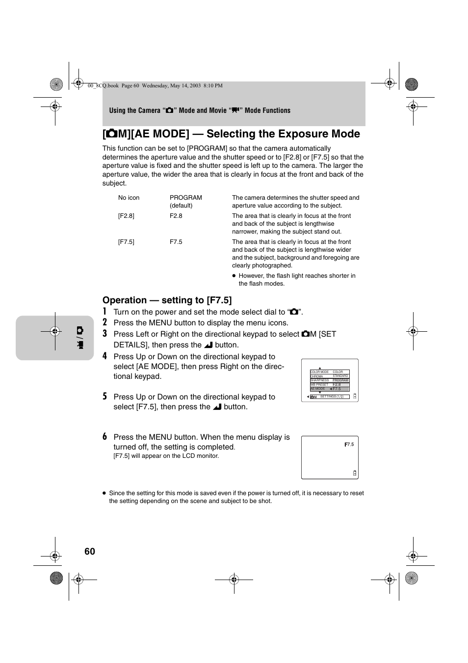 S m][ae mode] — selecting the exposure mode, Operation — setting to [f7.5] 1 | Kyocera Finecam L4 User Manual | Page 60 / 106