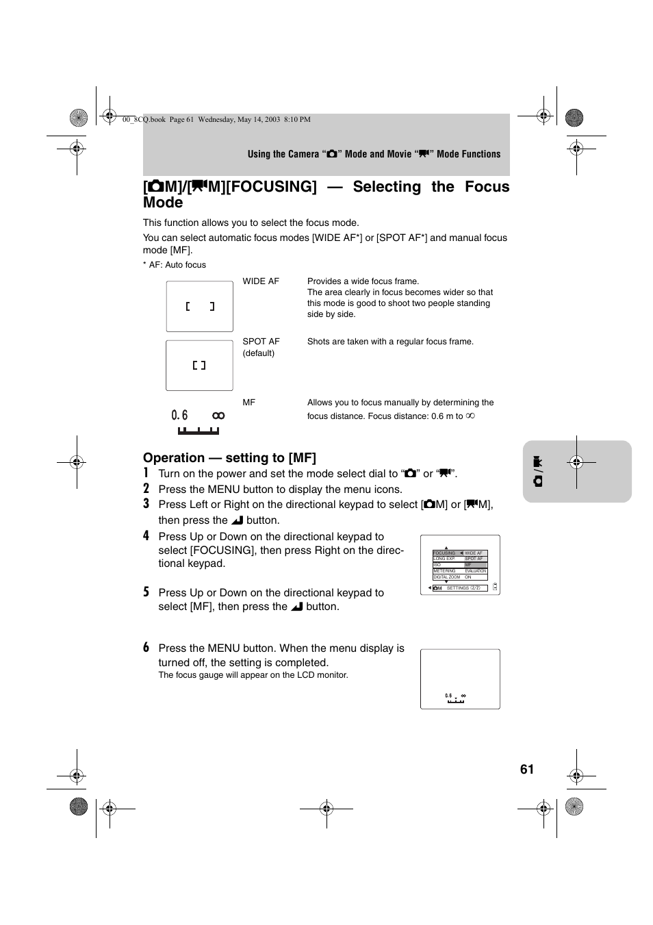S m]/[ m m][focusing] — selecting the focus mode, Operation — setting to [mf] 1 | Kyocera Finecam L4 User Manual | Page 61 / 106