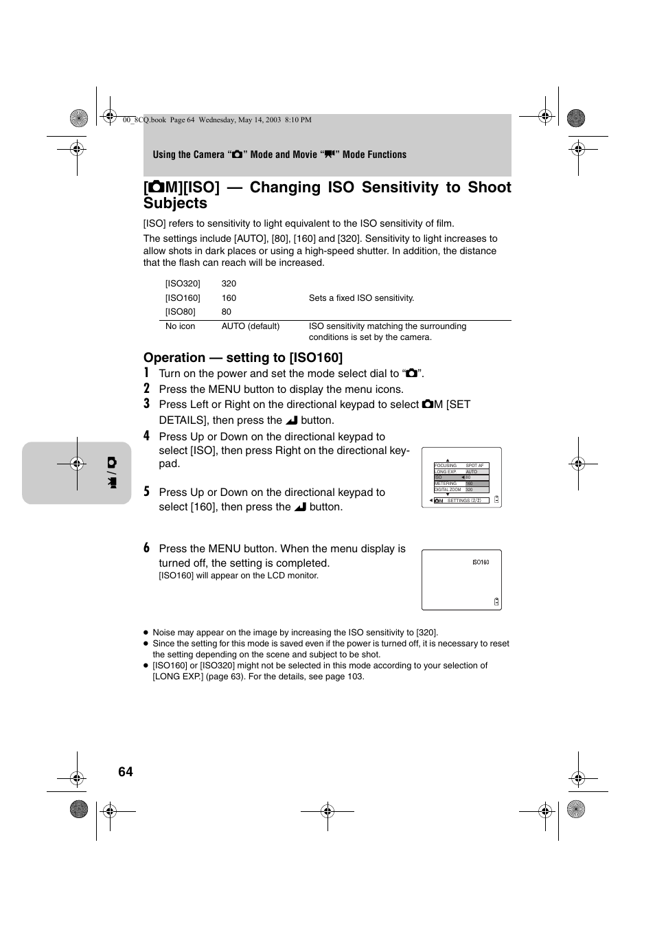 Operation — setting to [iso160] 1 | Kyocera Finecam L4 User Manual | Page 64 / 106