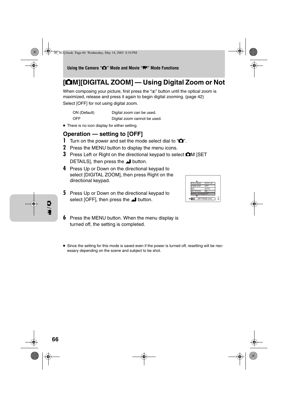 S m][digital zoom] — using digital zoom or not, Operation — setting to [off] 1 | Kyocera Finecam L4 User Manual | Page 66 / 106