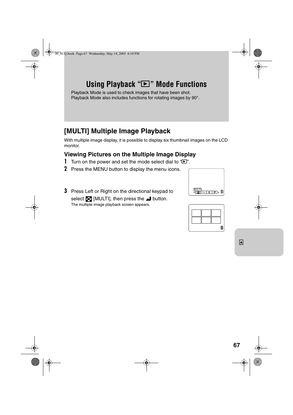 Using playback “ p ” mode functions, Multi] multiple image playback | Kyocera Finecam L4 User Manual | Page 67 / 106