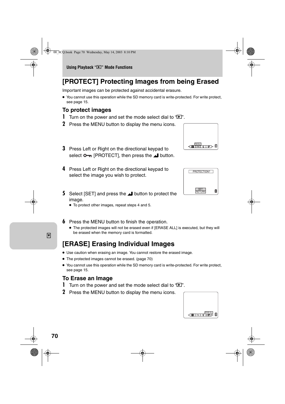 Protect] protecting images from being erased, Erase] erasing individual images | Kyocera Finecam L4 User Manual | Page 70 / 106