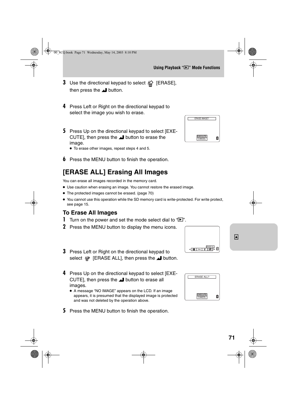 Erase all] erasing all images | Kyocera Finecam L4 User Manual | Page 71 / 106