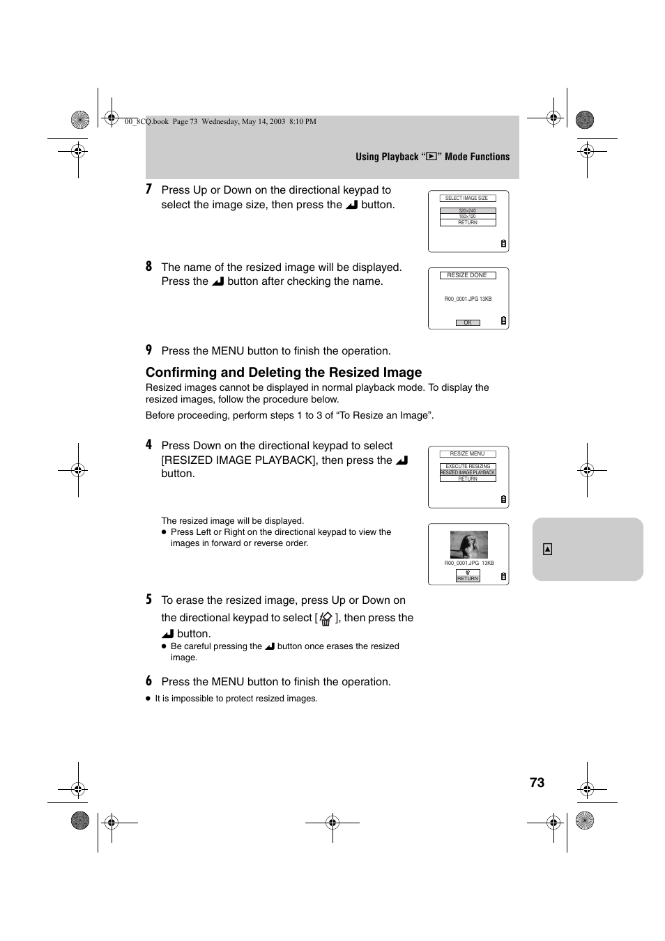 Confirming and deleting the resized image | Kyocera Finecam L4 User Manual | Page 73 / 106