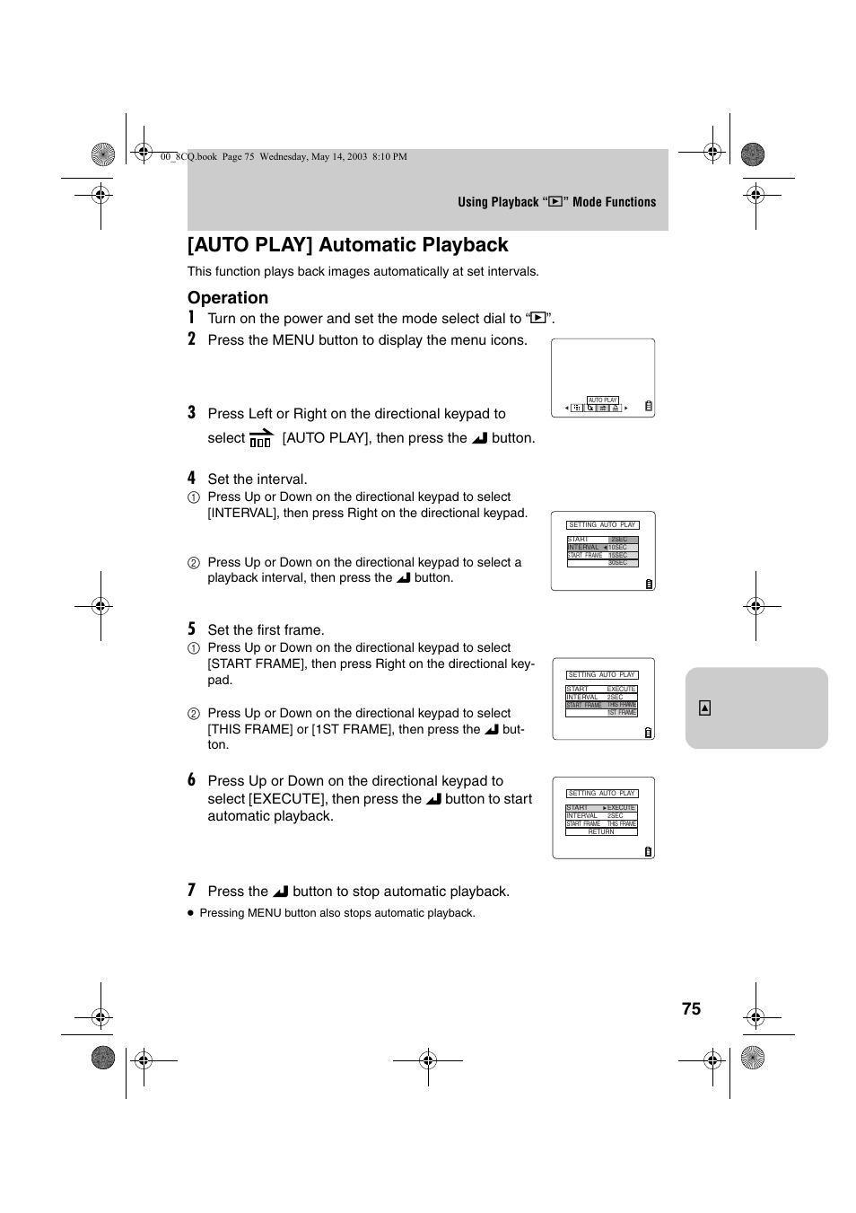 Auto play] automatic playback, Operation 1 | Kyocera Finecam L4 User Manual | Page 75 / 106