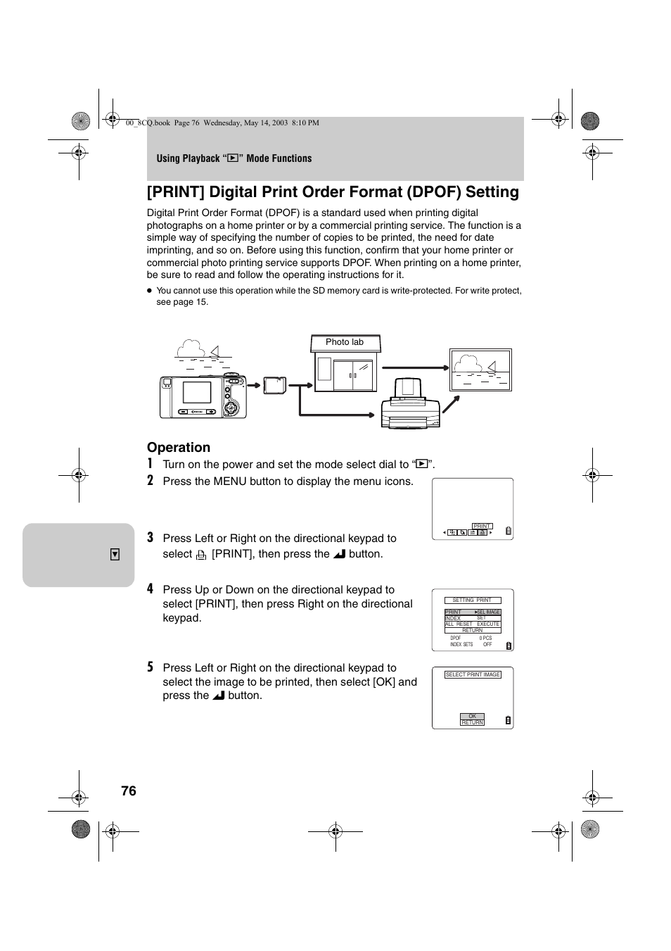 Print] digital print order format (dpof) setting, Operation 1 | Kyocera Finecam L4 User Manual | Page 76 / 106