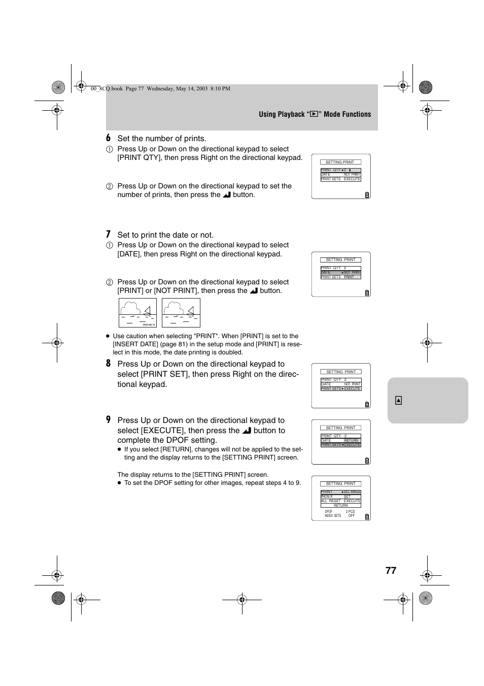 Set the number of prints, Set to print the date or not, Using playback “ p ” mode functions | Kyocera Finecam L4 User Manual | Page 77 / 106