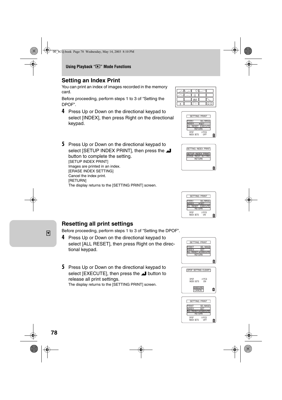 Setting an index print, Resetting all print settings, Using playback “ p ” mode functions | Kyocera Finecam L4 User Manual | Page 78 / 106