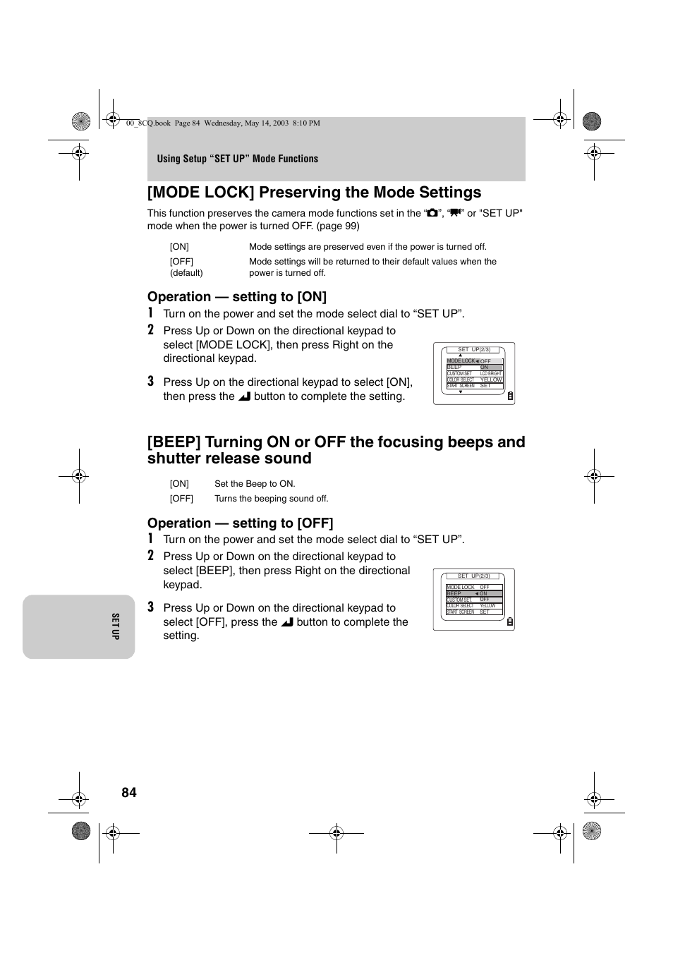 Mode lock] preserving the mode settings, Operation — setting to [on] 1, Operation — setting to [off] 1 | Kyocera Finecam L4 User Manual | Page 84 / 106