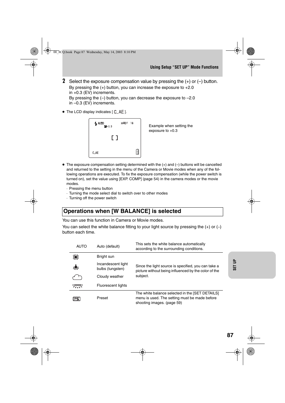 Operations when [w balance] is selected | Kyocera Finecam L4 User Manual | Page 87 / 106