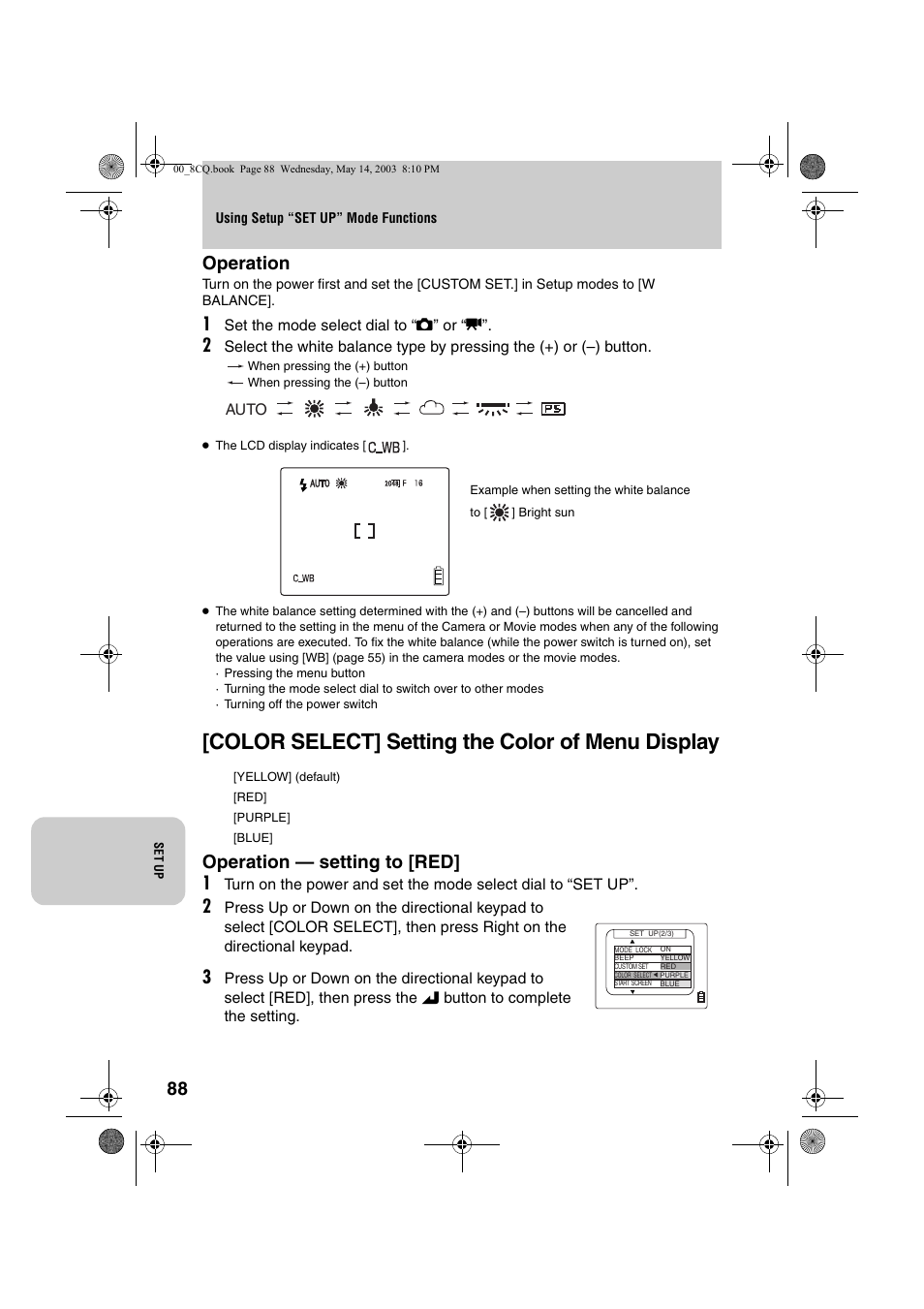 Color select] setting the color of menu display, Operation, Operation — setting to [red] 1 | Kyocera Finecam L4 User Manual | Page 88 / 106