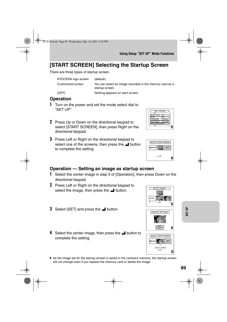Start screen] selecting the startup screen | Kyocera Finecam L4 User Manual | Page 89 / 106