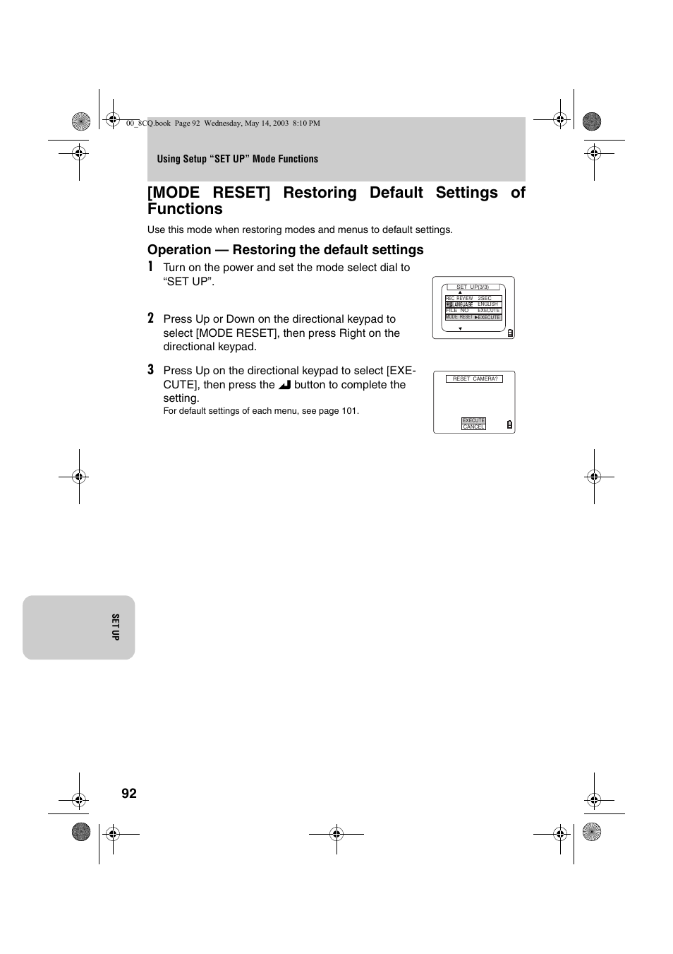 Operation — restoring the default settings 1 | Kyocera Finecam L4 User Manual | Page 92 / 106