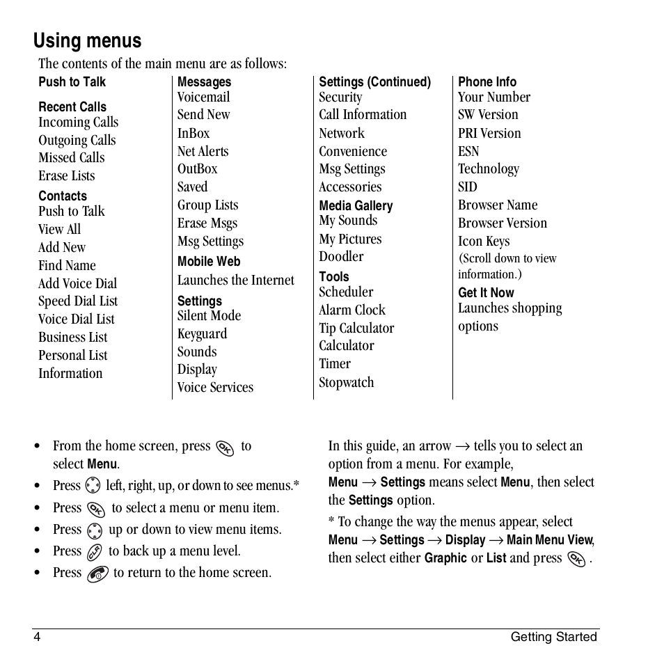 Using menus | Kyocera KX444 User Manual | Page 10 / 64