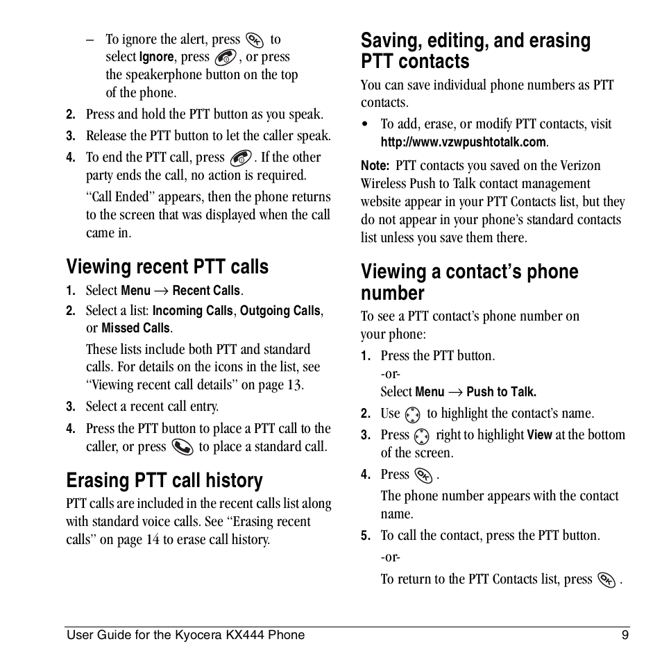 Viewing recent ptt calls, Erasing ptt call history, Saving, editing, and erasing ptt contacts | Viewing a contact’s phone number | Kyocera KX444 User Manual | Page 15 / 64