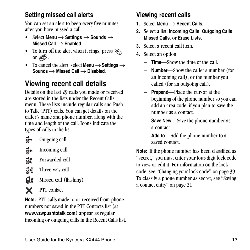 Viewing recent call details, Setting missed call alerts, Viewing recent calls | Kyocera KX444 User Manual | Page 19 / 64