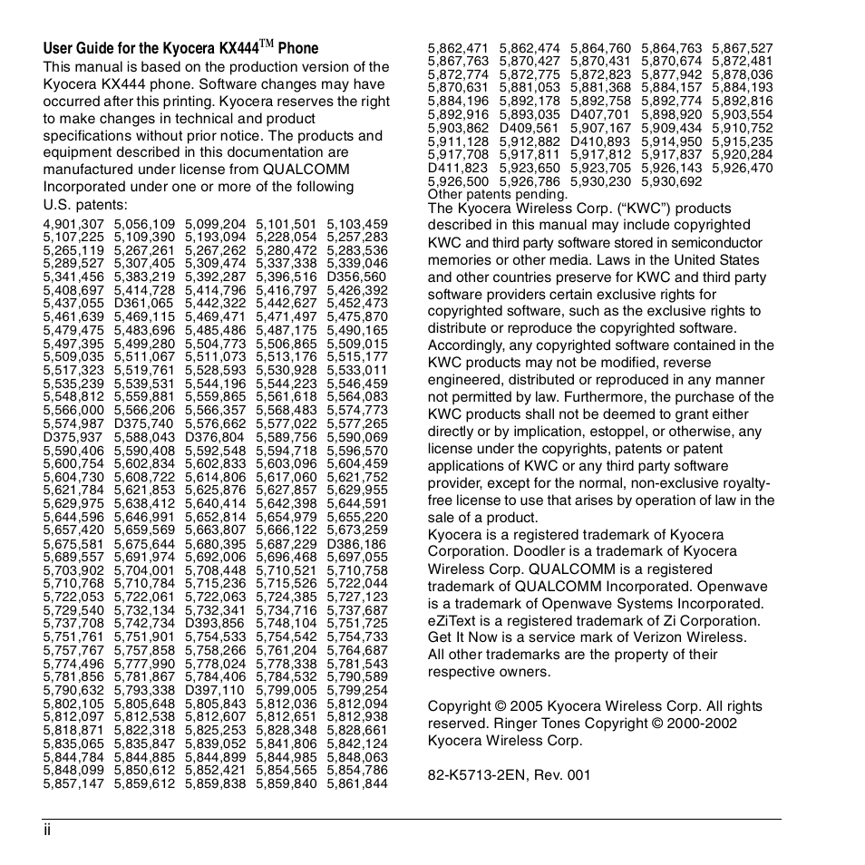 Kyocera KX444 User Manual | Page 2 / 64