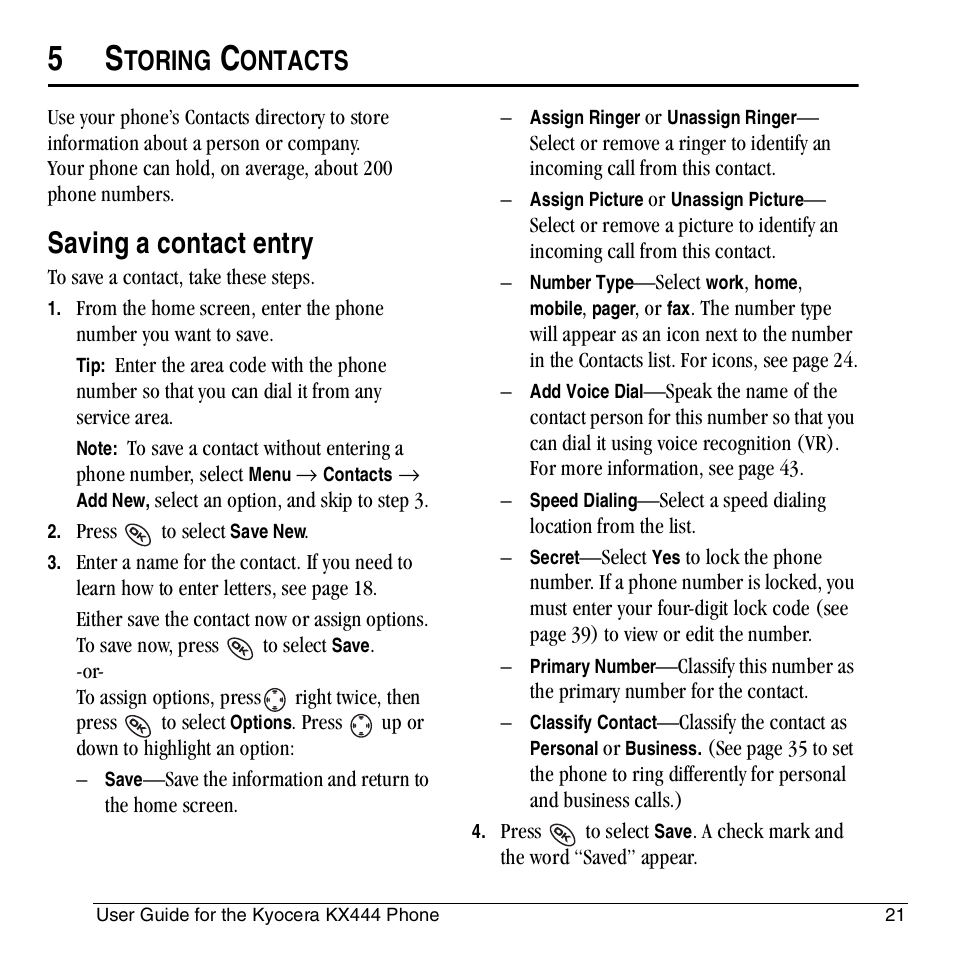 Saving a contact entry, Toring, Ontacts | Kyocera KX444 User Manual | Page 27 / 64