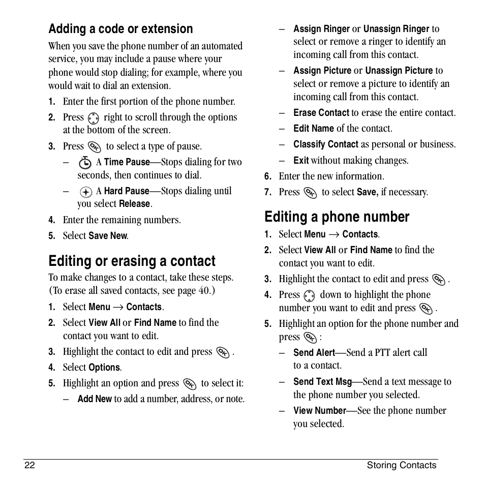 Editing or erasing a contact, Editing a phone number, Adding a code or extension | Kyocera KX444 User Manual | Page 28 / 64