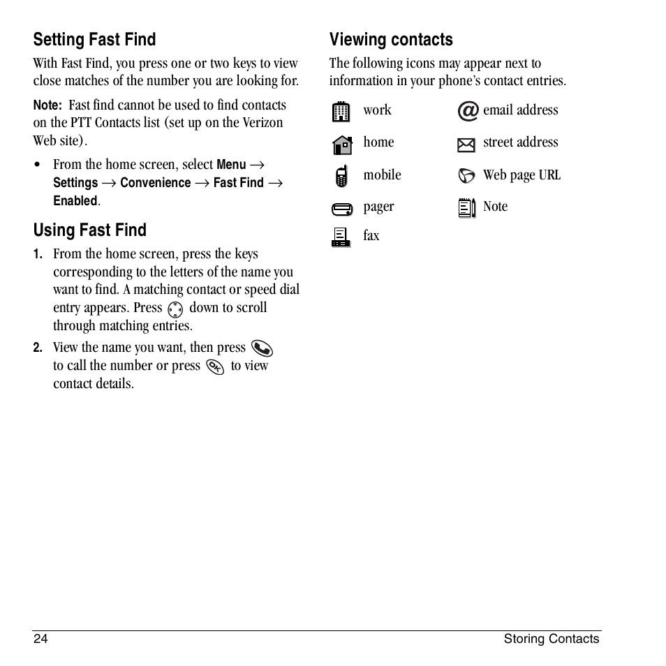 Setting fast find, Using fast find, Viewing contacts | Kyocera KX444 User Manual | Page 30 / 64