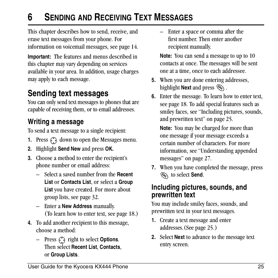 Sending text messages, Ending, Eceiving | Essages, Writing a message, Including pictures, sounds, and prewritten text | Kyocera KX444 User Manual | Page 31 / 64