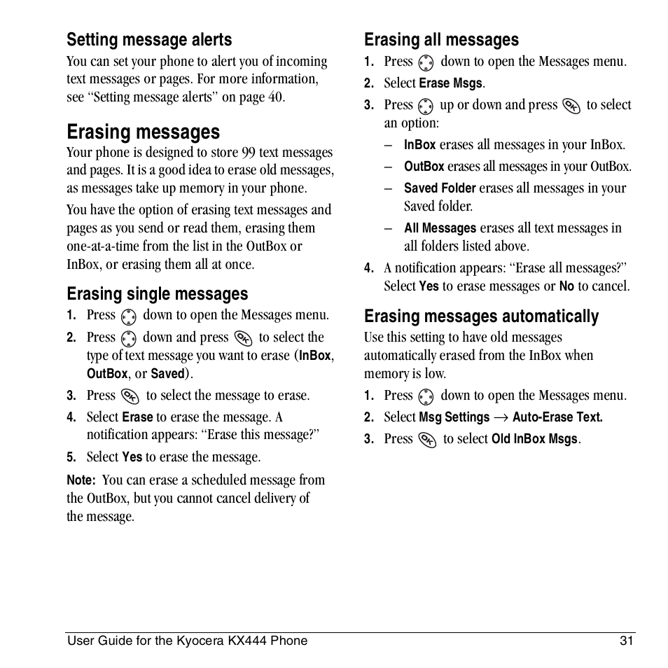 Erasing messages, Setting message alerts, Erasing single messages | Erasing all messages, Erasing messages automatically | Kyocera KX444 User Manual | Page 37 / 64