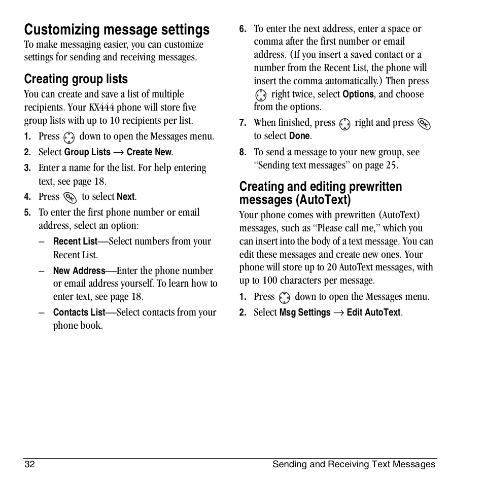 Customizing message settings, Creating group lists | Kyocera KX444 User Manual | Page 38 / 64