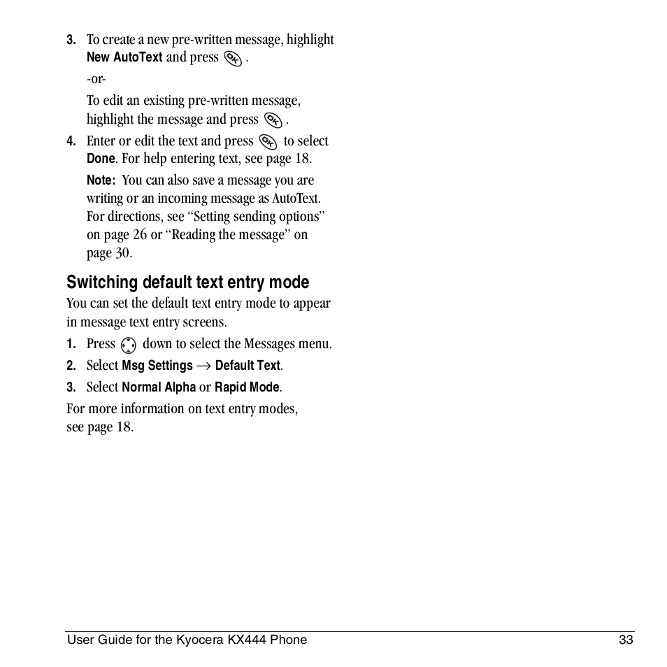 Switching default text entry mode | Kyocera KX444 User Manual | Page 39 / 64