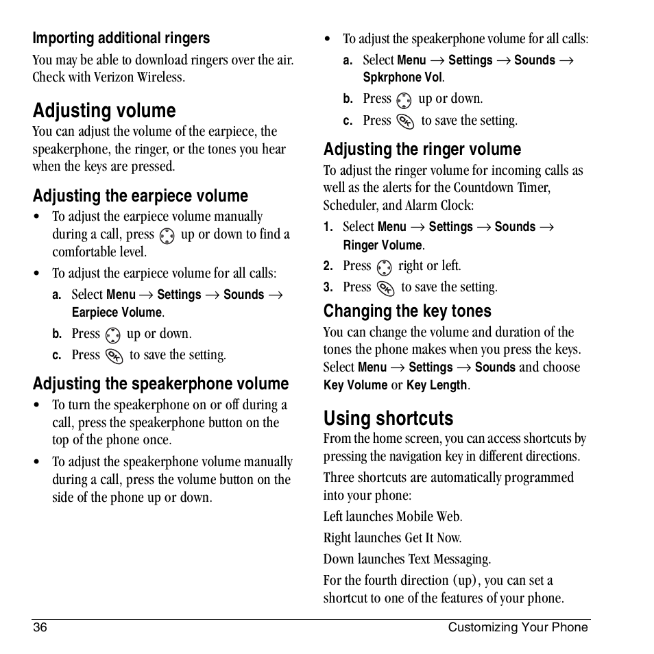 Adjusting volume, Using shortcuts, Adjusting the earpiece volume | Adjusting the speakerphone volume, Adjusting the ringer volume, Changing the key tones | Kyocera KX444 User Manual | Page 42 / 64