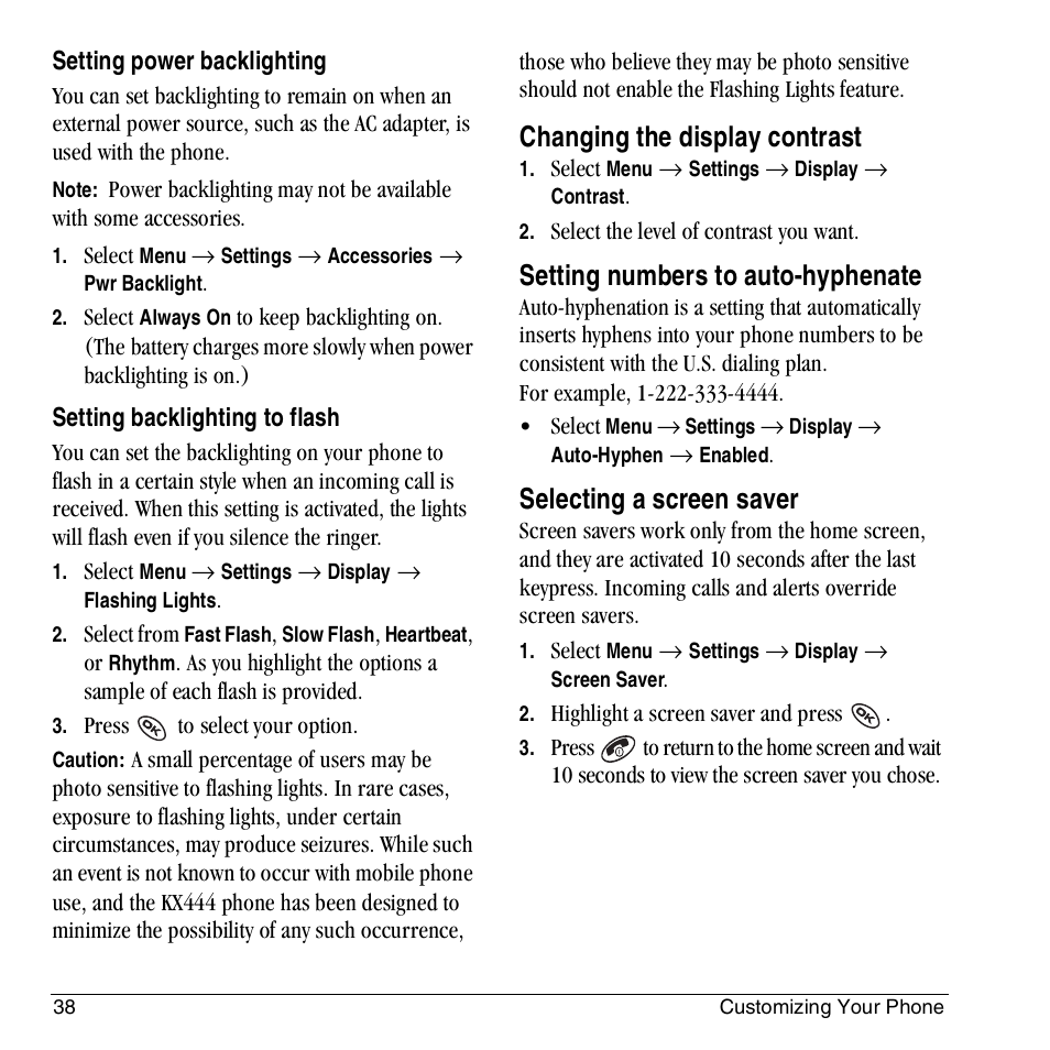 Changing the display contrast, Setting numbers to auto-hyphenate, Selecting a screen saver | Kyocera KX444 User Manual | Page 44 / 64