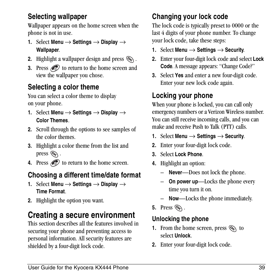 Creating a secure environment, Selecting wallpaper, Selecting a color theme | Choosing a different time/date format, Changing your lock code, Locking your phone | Kyocera KX444 User Manual | Page 45 / 64