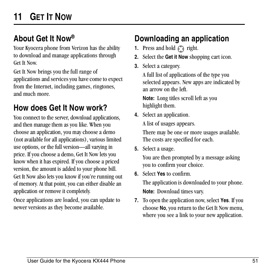 11 g, About get it now, How does get it now work | Downloading an application | Kyocera KX444 User Manual | Page 57 / 64