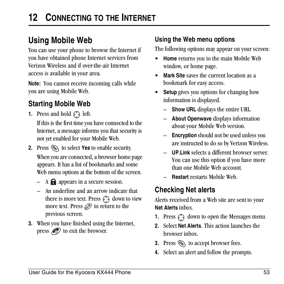 12 c, Using mobile web, Onnecting | Nternet, Starting mobile web, Checking net alerts | Kyocera KX444 User Manual | Page 59 / 64