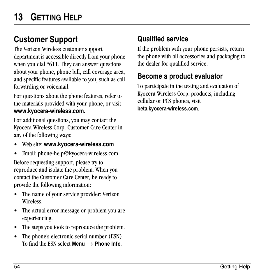 13 g, Customer support, Etting | Kyocera KX444 User Manual | Page 60 / 64