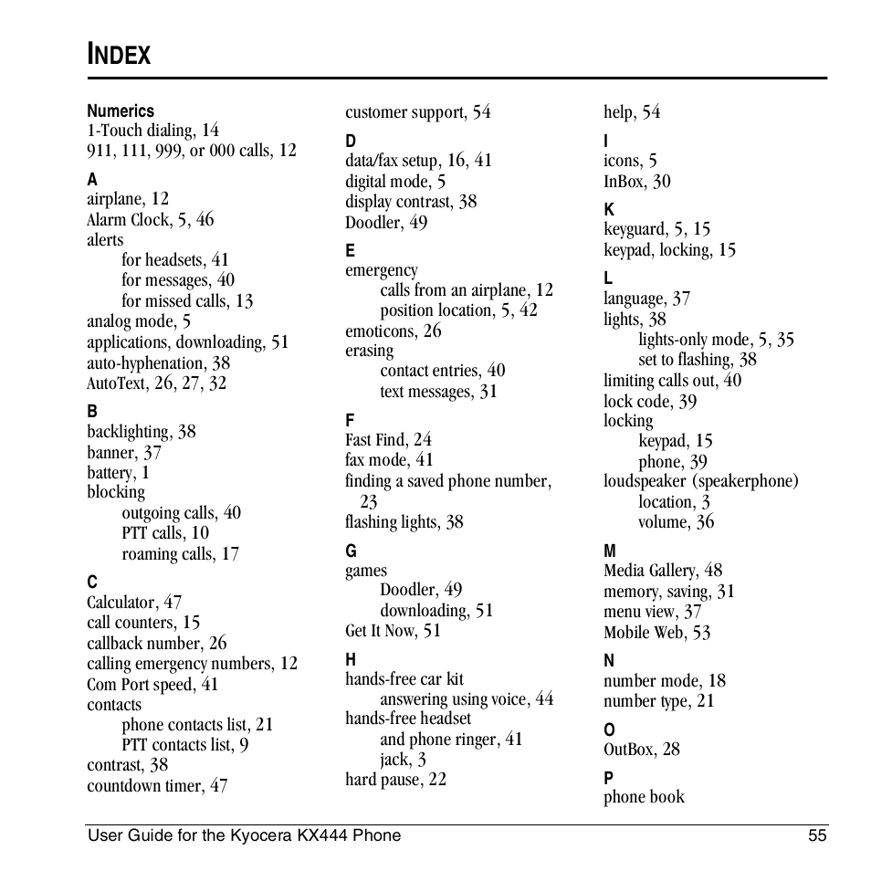 Ndex | Kyocera KX444 User Manual | Page 61 / 64