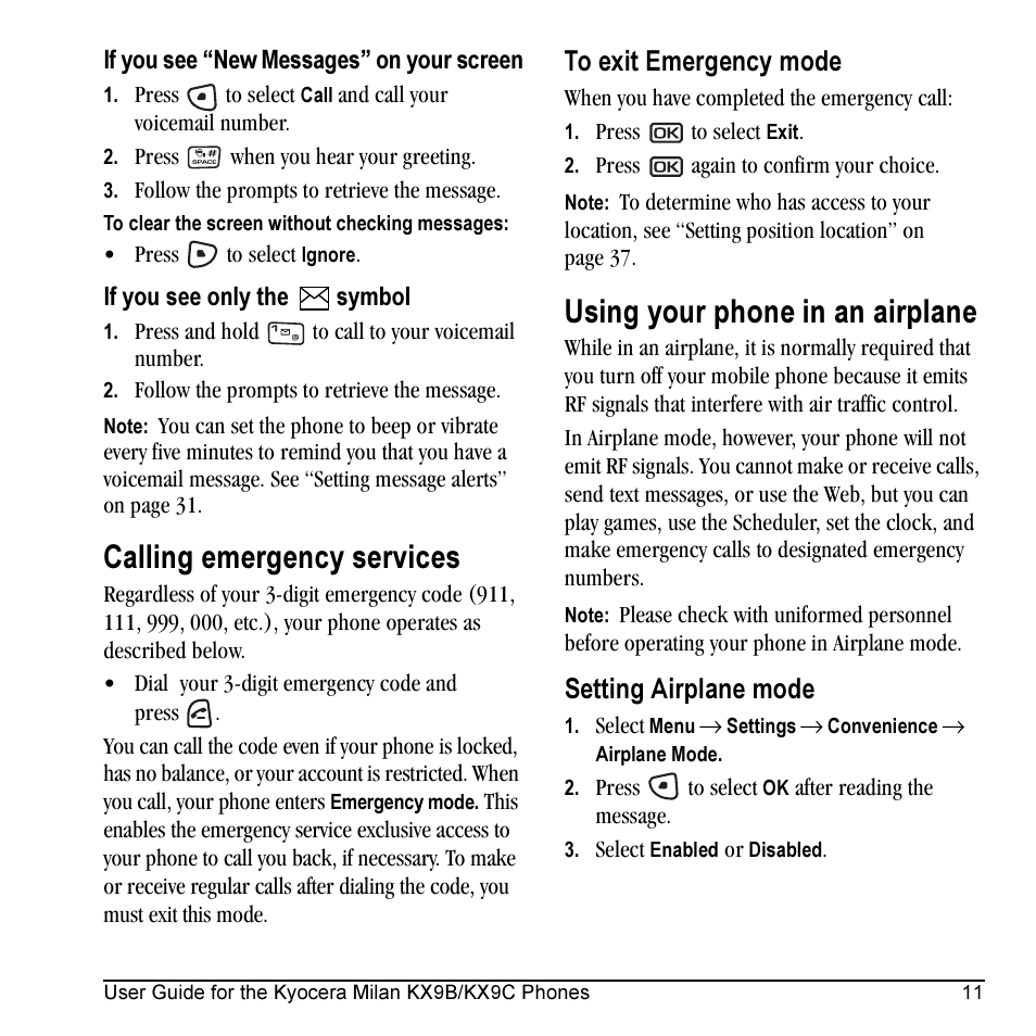 Calling emergency services, Using your phone in an airplane, Setting airplane mode | Kyocera Milan KX9C User Manual | Page 17 / 64