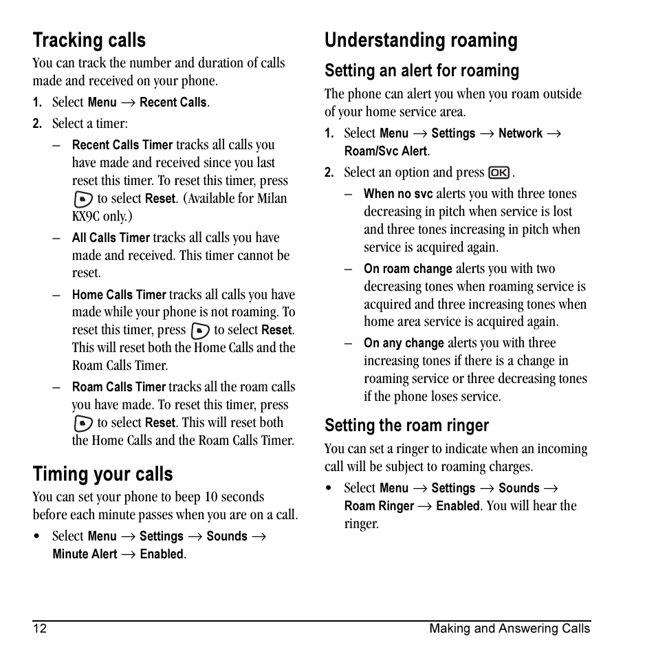 Tracking calls, Timing your calls, Understanding roaming | Setting an alert for roaming, Setting the roam ringer | Kyocera Milan KX9C User Manual | Page 18 / 64