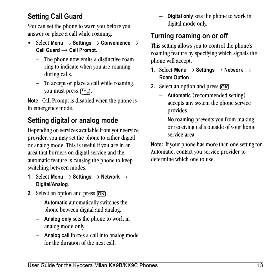 Setting call guard, Setting digital or analog mode, Turning roaming on or off | Kyocera Milan KX9C User Manual | Page 19 / 64