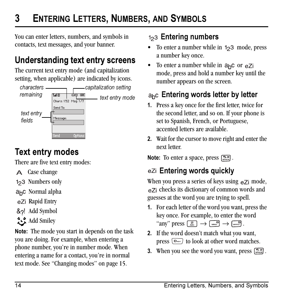 Understanding text entry screens, Text entry modes, Ntering | Etters, Umbers, Ymbols | Kyocera Milan KX9C User Manual | Page 20 / 64
