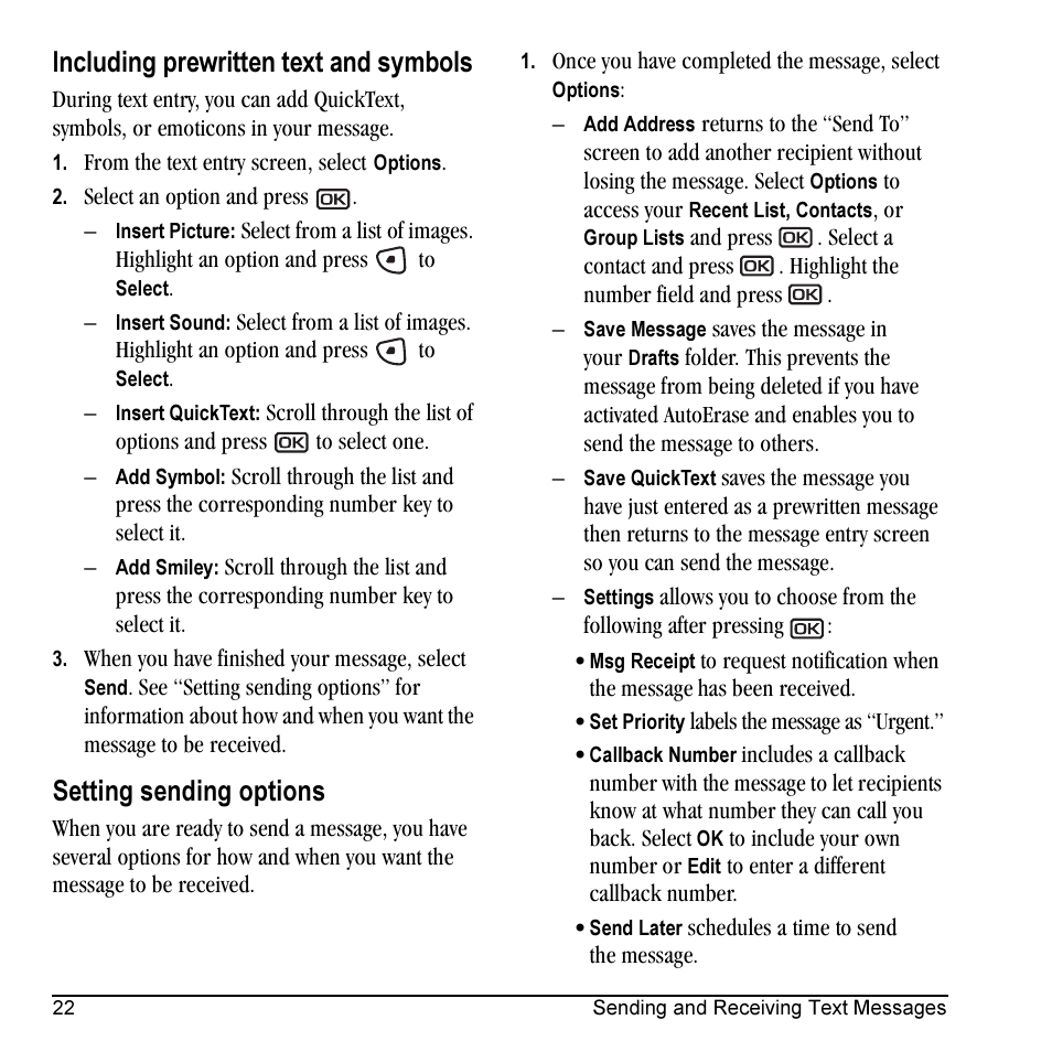 Including prewritten text and symbols, Setting sending options | Kyocera Milan KX9C User Manual | Page 28 / 64