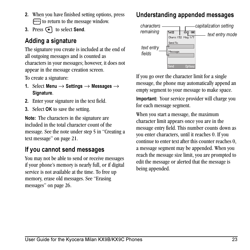Adding a signature, If you cannot send messages, Understanding appended messages | Kyocera Milan KX9C User Manual | Page 29 / 64