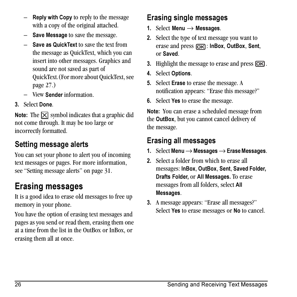 Erasing messages, Setting message alerts, Erasing single messages | Erasing all messages | Kyocera Milan KX9C User Manual | Page 32 / 64