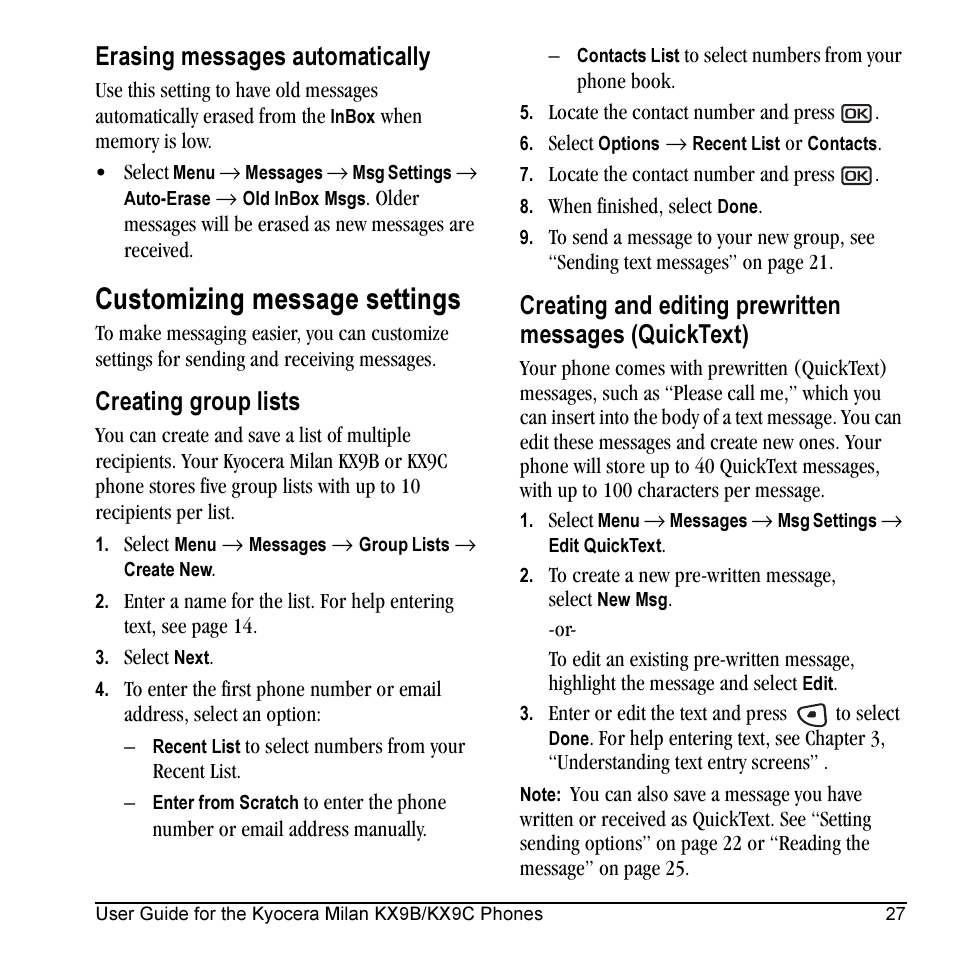 Customizing message settings, Erasing messages automatically, Creating group lists | Kyocera Milan KX9C User Manual | Page 33 / 64