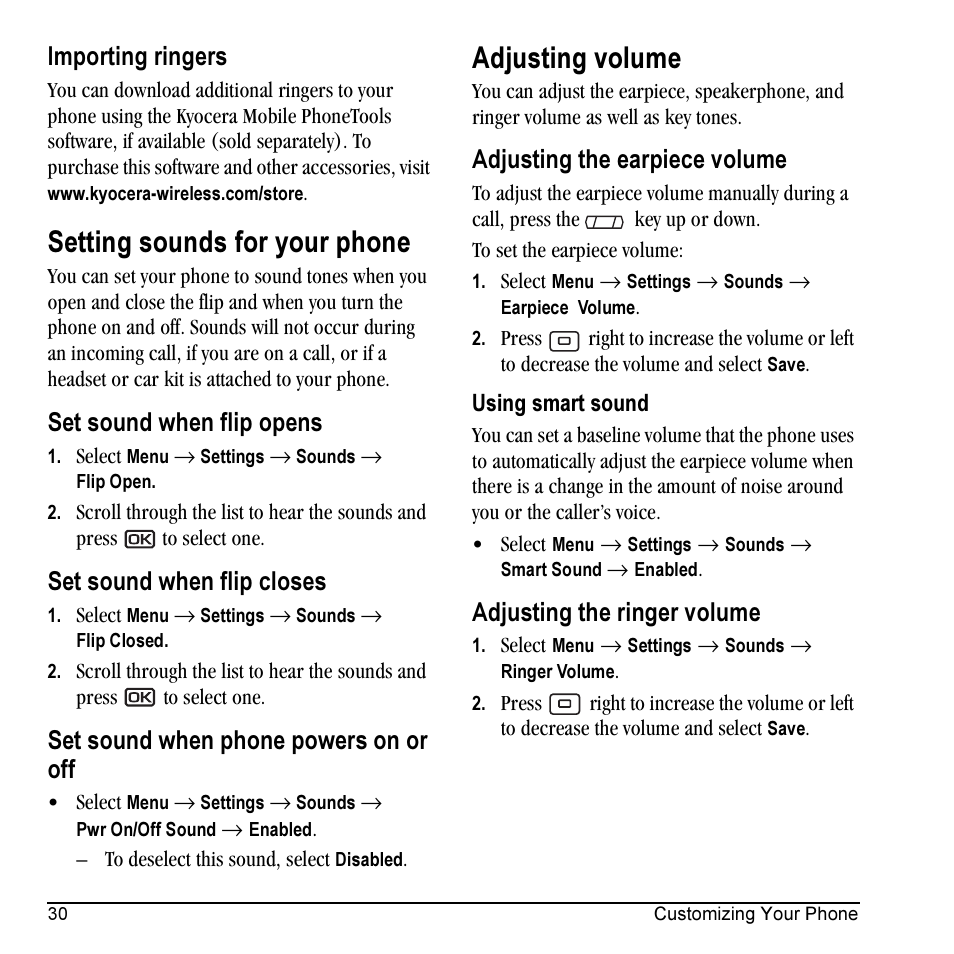 Setting sounds for your phone, Adjusting volume, Importing ringers | Set sound when flip opens, Set sound when flip closes, Set sound when phone powers on or off, Adjusting the earpiece volume, Adjusting the ringer volume | Kyocera Milan KX9C User Manual | Page 36 / 64